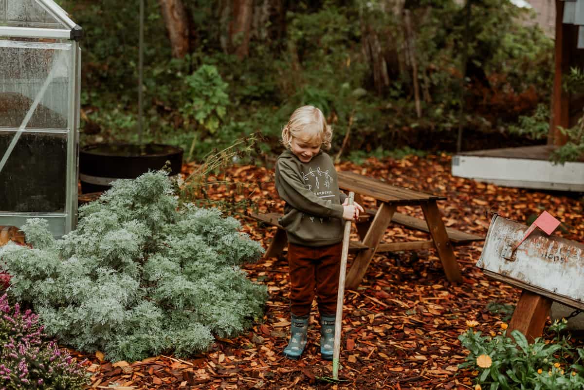 A lightweight child-sized garden rake is perfect when little hands need to push mulch and soil.