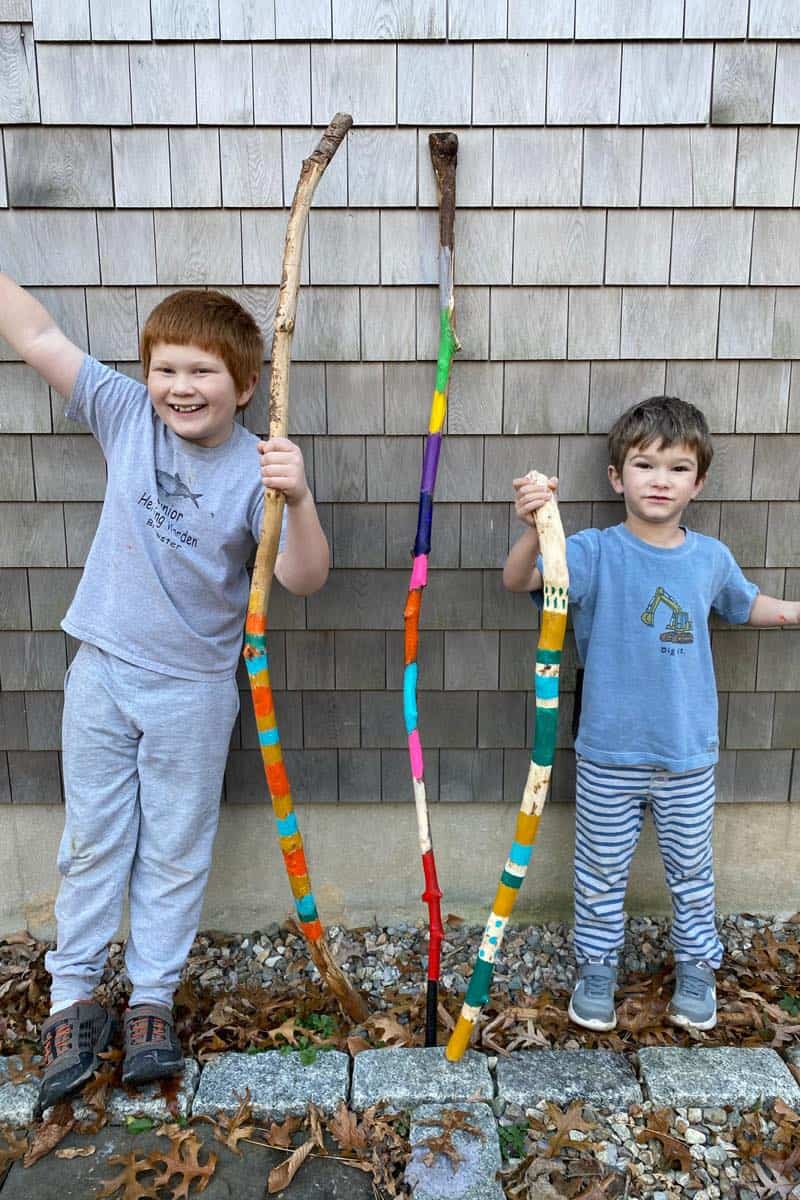 painting hiking sticks with kids