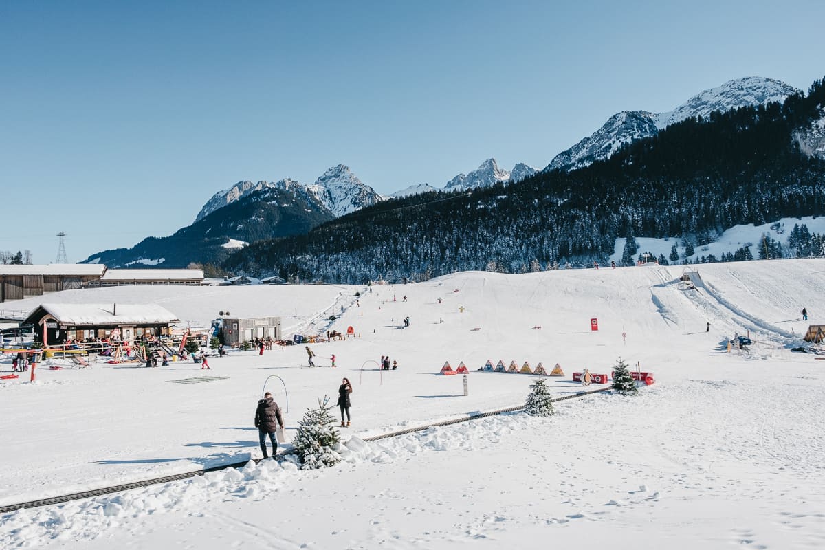 A beginner and kid -friendly snow garden or nursery slope for learning to downhill ski