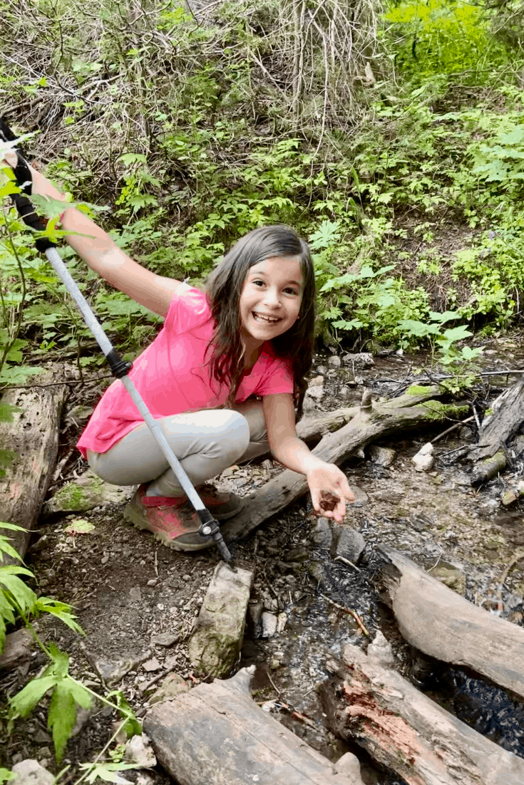 A child hiking and finding rocks on the trail. Streams and Rivers are a great place to find rocks!