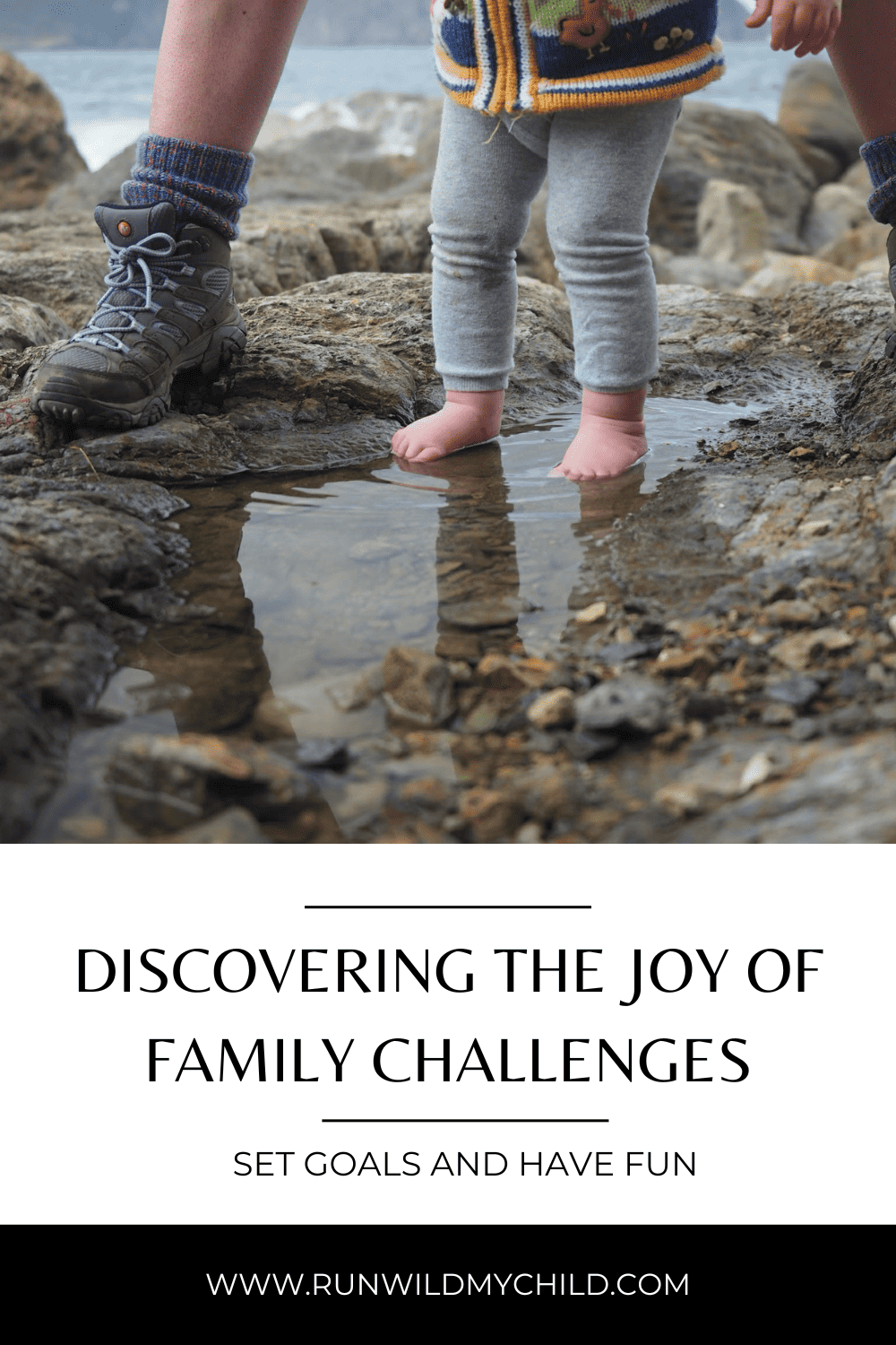 Hiking parent with barefoot toddler in a puddle. 